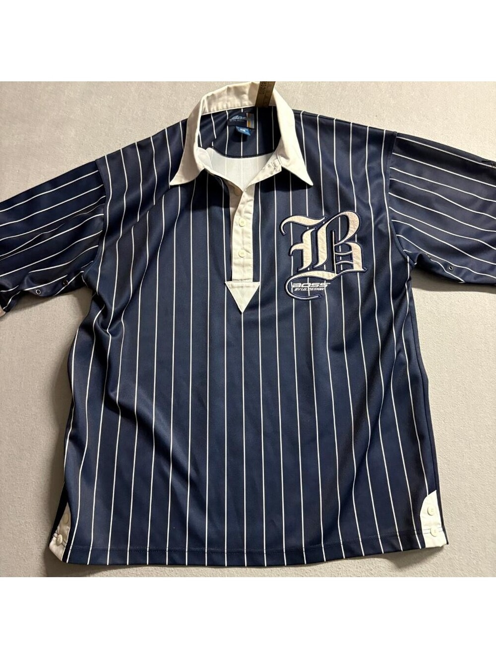 Vintage Boss by IG Design Polo Shirt Mens XL Navy Blue Pinstripe Baseball 1989